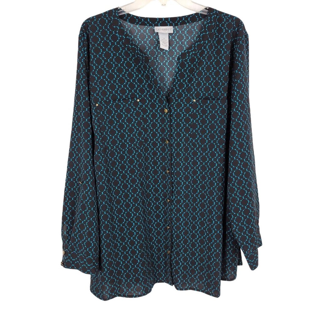 Catherines 2X Black Blue Geometric Tunic Blouse Boho Button Front office teacher